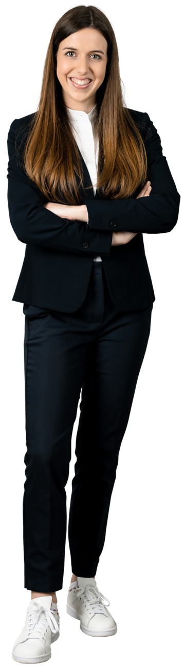 A photo of a standing woman in blue pantsuit