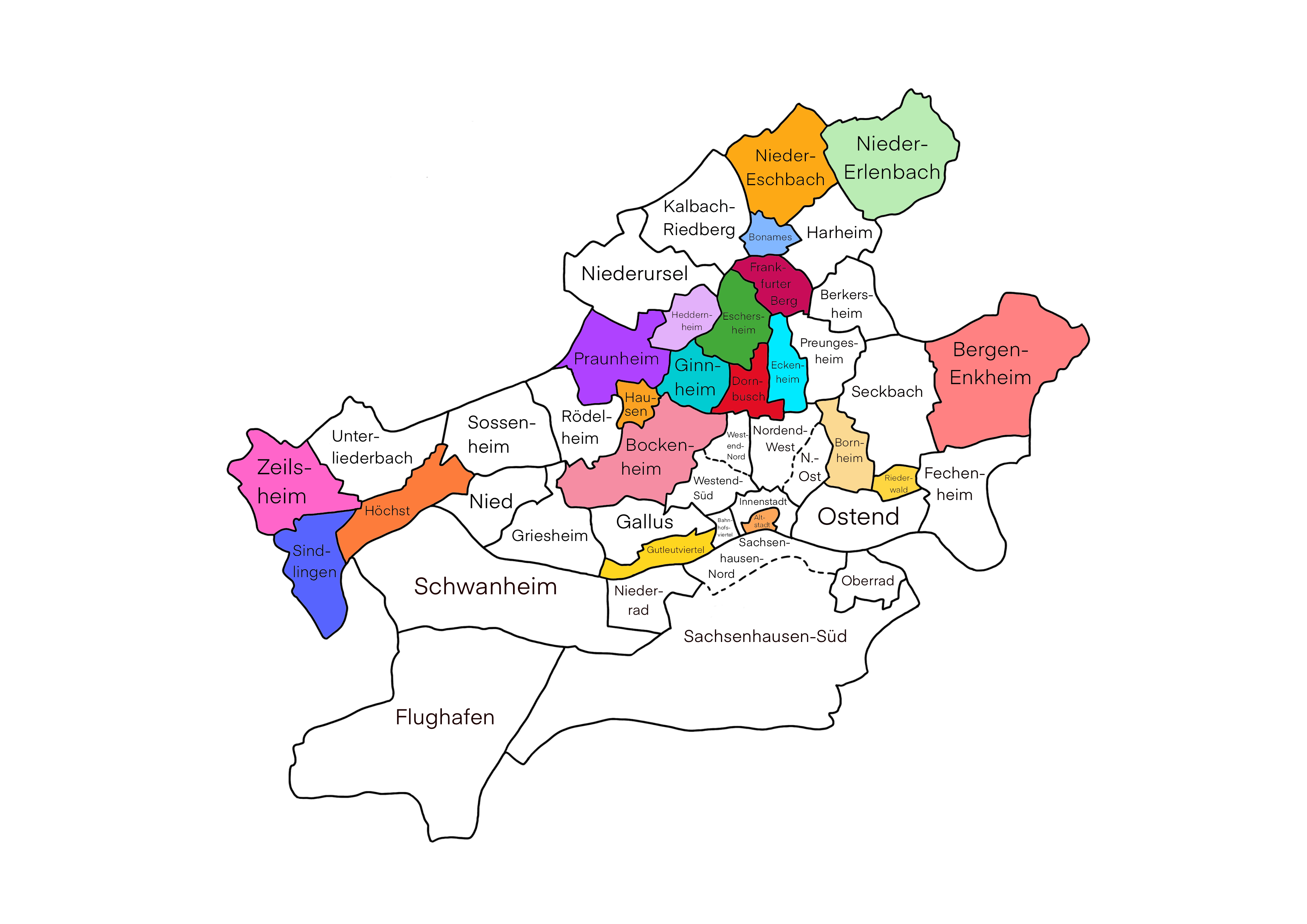 The map of Frankfurt with all 43 districts